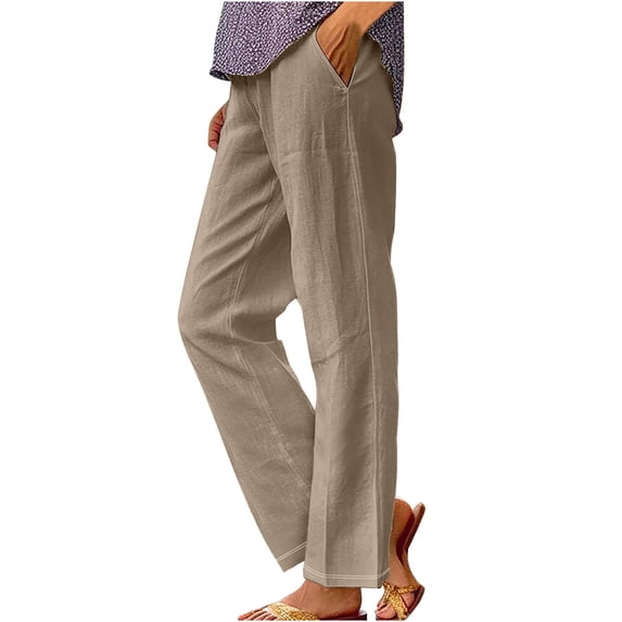 Pants for Women Plus Size Summer Elastic Waist Casual Loose Beach Straight Leg Trouser with Pockets Khaki XXL