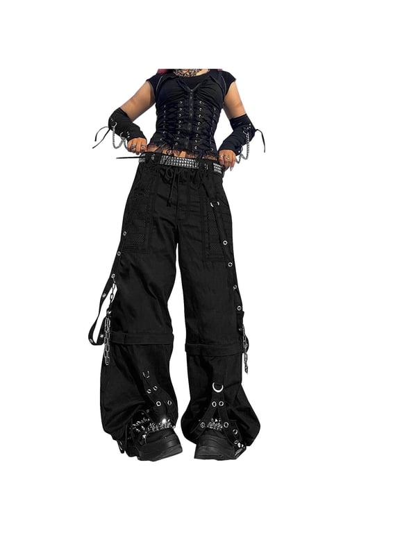 Pants for Women Plus Size,Women Vintage Goth Hip Hop Jeans Punk High Waisted Baggy Bootcut Jeans Strap Chain Striped Wide Leg Denim Pants