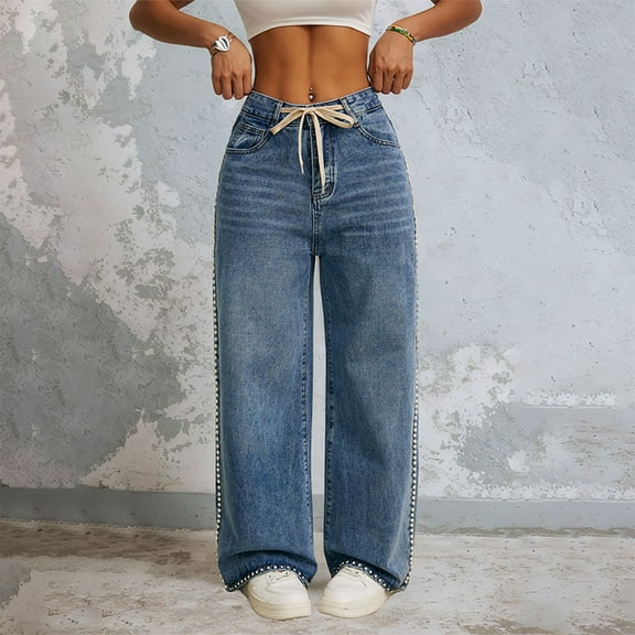 Pants for Women Plus, Women's Fashion Comfortable Casual Versatile Pocket Straight Leg Trousers Long Pants Women High Waisted Pants (Blue,S)