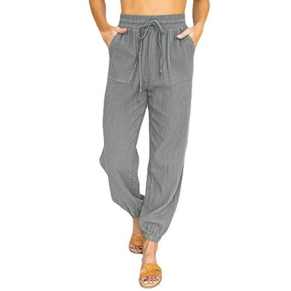 Pants for Women Solid Color Casual Comfort Trousers High Waist Tie Belt With Cuffed Ankle Lightweight Breathable Light Gray L