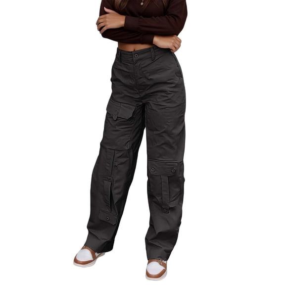 Pants for Women Solid Color Casual Trousers Multi Pocket Loose Drawstring Cargo Pant Breathable Lightweight Black XL