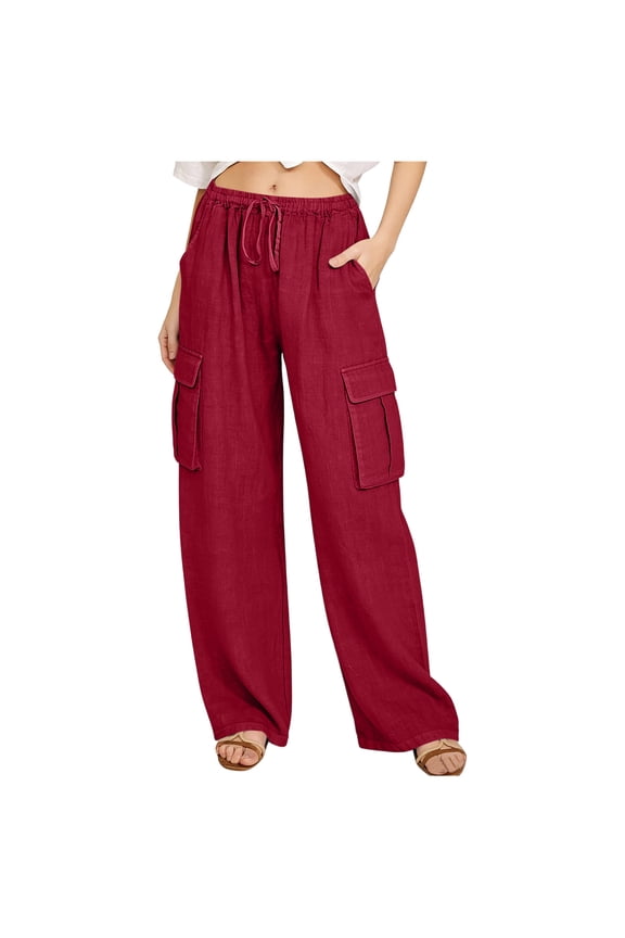 Pants for Women Solid Color Cotton-Linen Blend Work Pant with Drawstring Waist and Pockets Lightweight and Comfortable for Home Relaxation