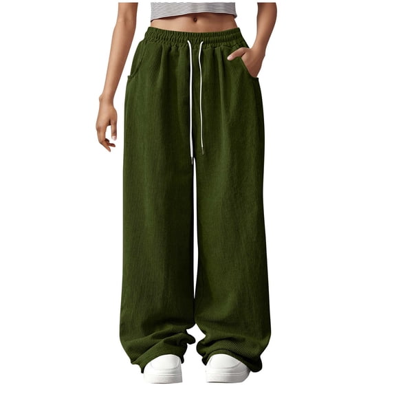 Pants for Women Solid Color Drawstring Elastic Waist Corduroy Wide‑Leg Casual Sweatpants with Pockets Fashionable Draped Long Pants