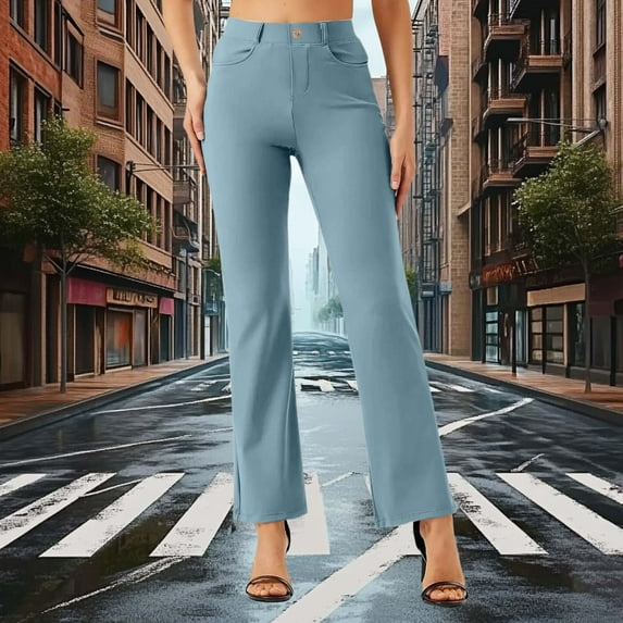 Pants for Women Solid Color Straight Leg Work Pants for Women Elastic Waist Casual Business Pants for Women (Light Blue L)