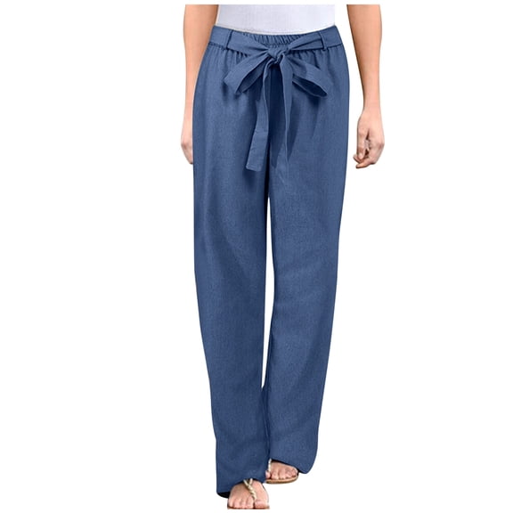 Pants for Women Solid Thin Breathable Linen Pants Straight Leg High Waist Spring Summer Trousers Relaxed Fit Blue XL
