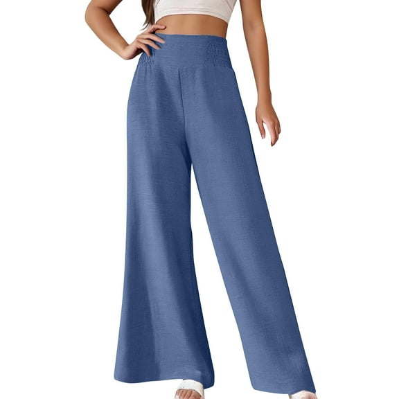 Pants for Women Spring Summer Solid Color High Waist Wide Leg Trousers Breathable Lightweight Blue L