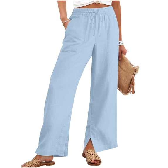 Pants for Women Straight Leg Pants with Pockets Summer Solid Color Loose Side Slit Buttons Pants Light Blue XXXXL