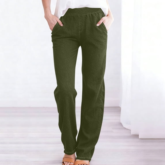 Yijfswar Pants for Women Stretchy Jeans Low Elastic Waist Straight Denim Pants Casual Work Trousers with Pockets
