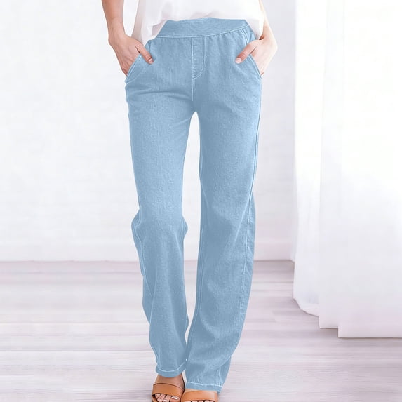 Yijfswar Pants for Women Stretchy Jeans Low Elastic Waist Straight Denim Pants Casual Work Trousers with Pockets
