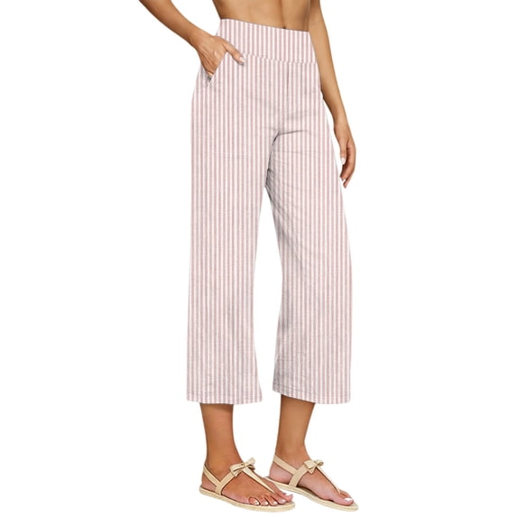 Pants for Women,Striped Linen Capri Pants for Women Flowy Wide Leg Capris Pant Summer Boho Dressy Casual Elastic Waist Beach Trousers
