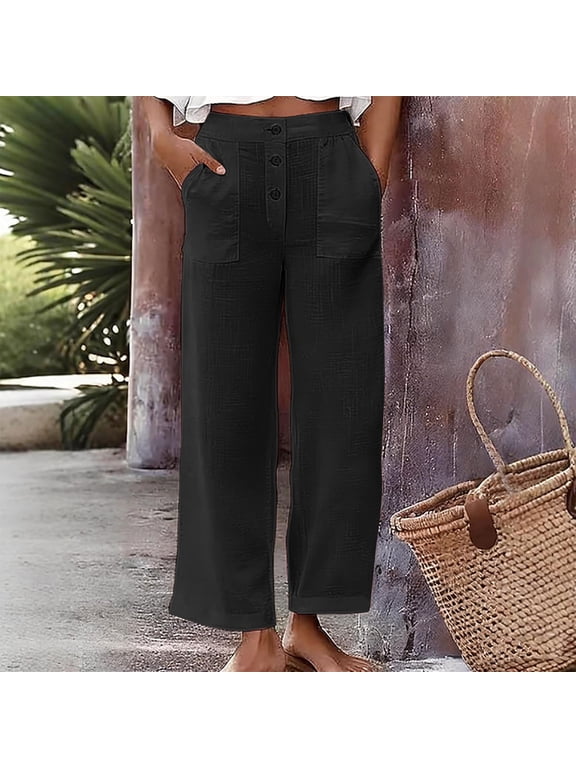 Pants for Women Summer Button Down Loose Straight Leg Lounge Pant Woman Casual Solid Baggy Lightweight Comfy Trousers with Pockets