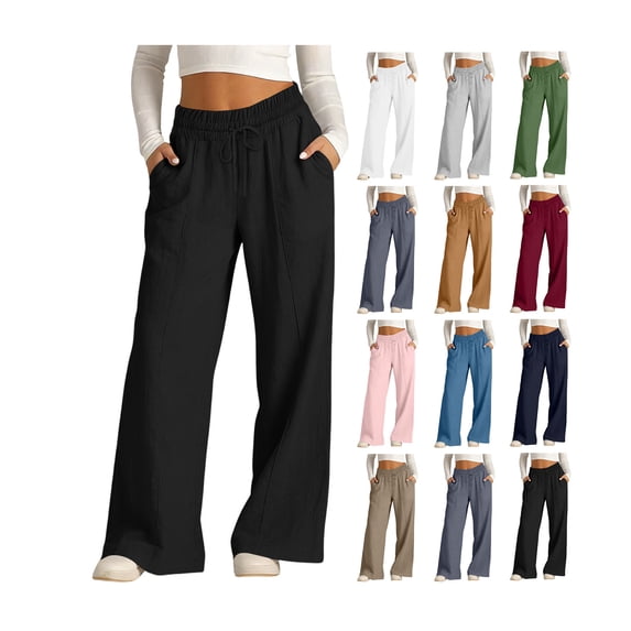 Pants for Women Summer Casual Cotton Linen Pant Wide Leg High Waisted Loose Lightweight Trousers with Pockets