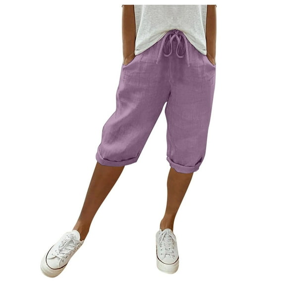 Pants for Women Summer Solid Elastic Waist Linen Shorts with Large Pocket Breathable Lightweight Capris Linen Pants for Women Purple XXL