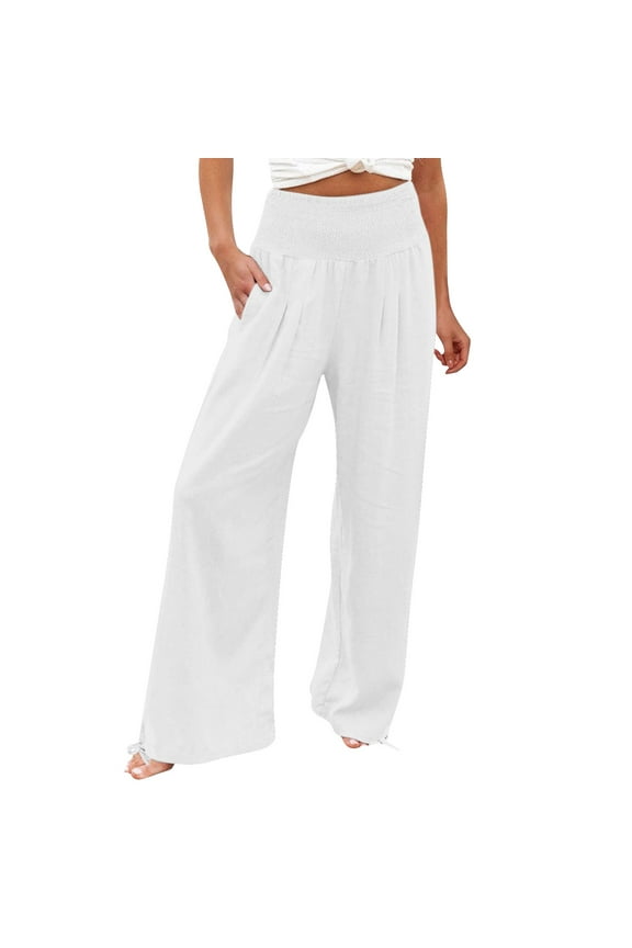 Pants for Women Trendy Dressy High Waist Pockets Elastic Waist Solid Loose Long Trousers