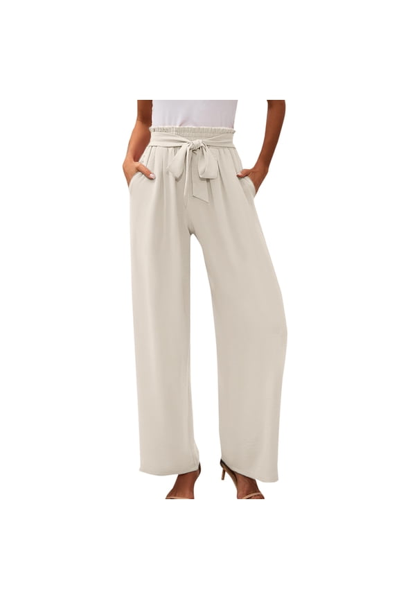 Pants for Women Trendy Dressy Wide Leg Lightweiht Adjustable Waist Bow Tie Loose Comfortable With Pocket Trousers