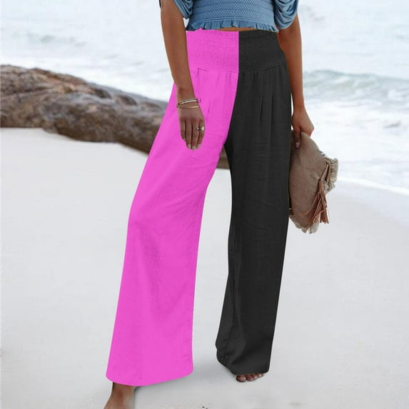 Pants for Women Trendy Smocked High Waist Wide Leg Lounge Palazzo Pant Colorblock Print Loose Foldover Trousers (X-Large, Black)