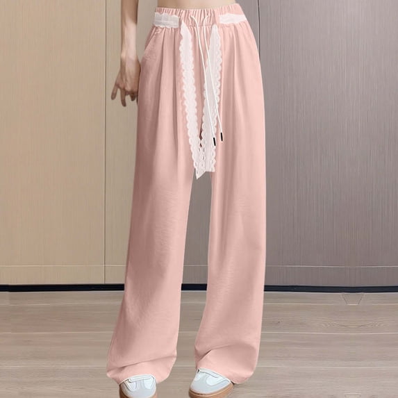 Pants for Women Trendy Summer New Women Lace up Wide Leg Pants Casual Elastic High Waist Straight Sweatpants Fall Ladies Baggy Trousers Pinky XL