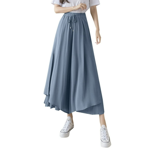 Pants for Women Trendy Summer Thin Breathable Pleated Chiffon Wide Leg Pants High Waist Nine Point Skirts Flowy Pants for Women Blue M