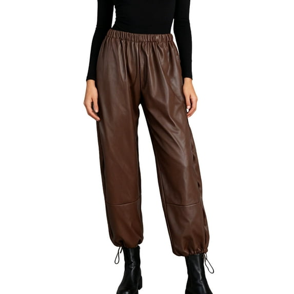 Pants for Women Trendy,Women's Faux Leather Loose Solid Pant High Waist Baggy Jogger Cargo Pant
