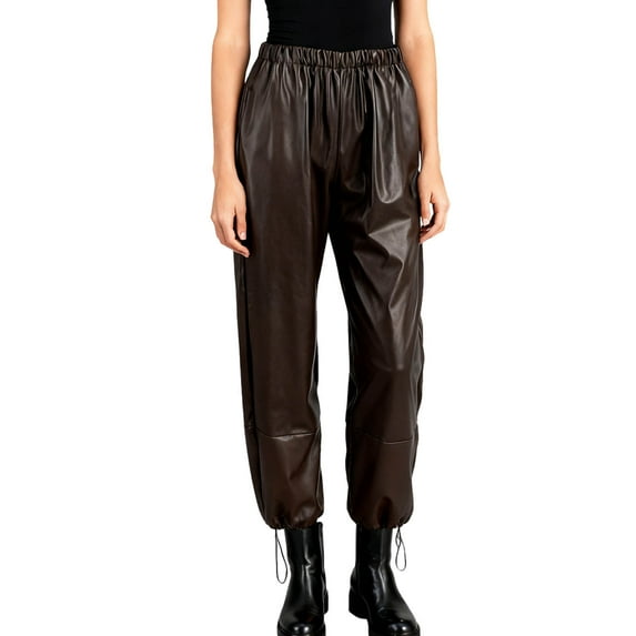 Pants for Women Trendy,Women's Faux Leather Loose Solid Pant High Waist Baggy Jogger Cargo Pant