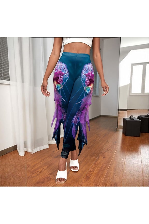 Pants for Women Underwater World Costume Women's Leggings Shiny Trousers Pants with Tulle Fish Scale Print Flared Trousers Dress Costume Dress