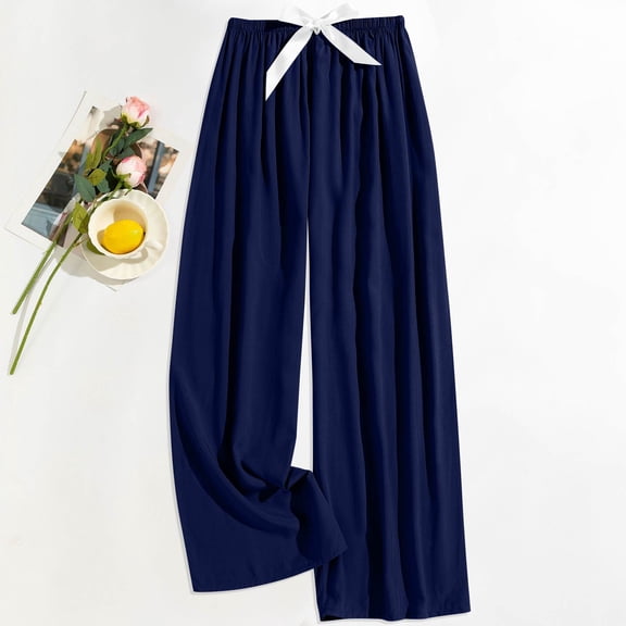 Pants for Women Wide Leg Drawsting Elastic High Waisted Comfy Casual Pants Navy Free