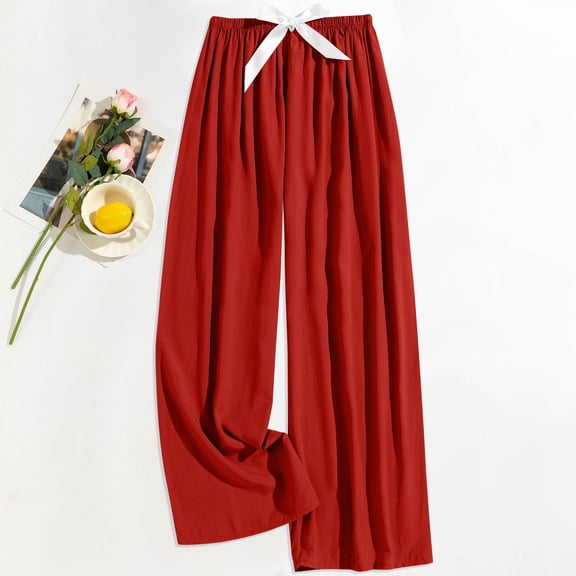 Pants for Women Wide Leg Drawsting Elastic High Waisted Comfy Casual Pants Red Free
