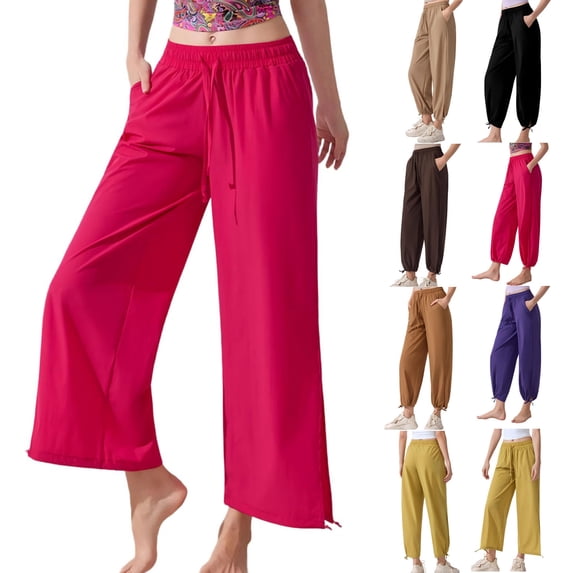 Pants for Women Wide Leg Drawstring Cropped Pants with Pockets Tie Hem Loose Casual Yoga Trousers