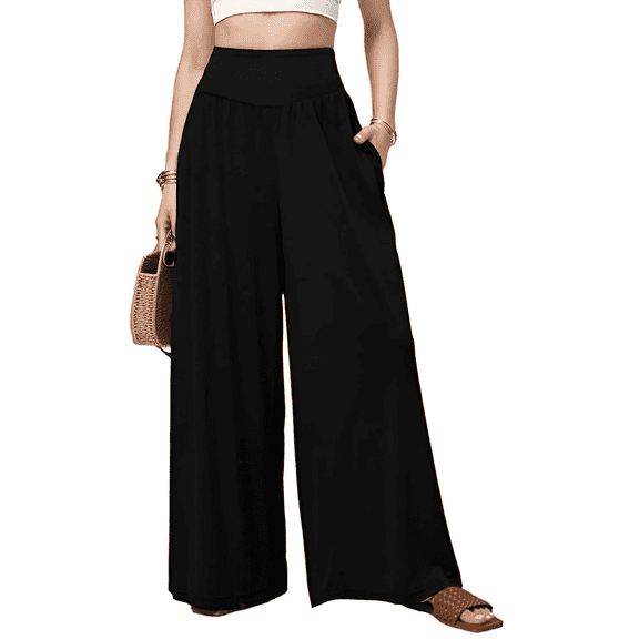 MLDRA Wide Leg Pants Women Flowy Dressy Cotton Casual Womens Pants Elastic High Waist Palazzo Pant for Women with Pockets