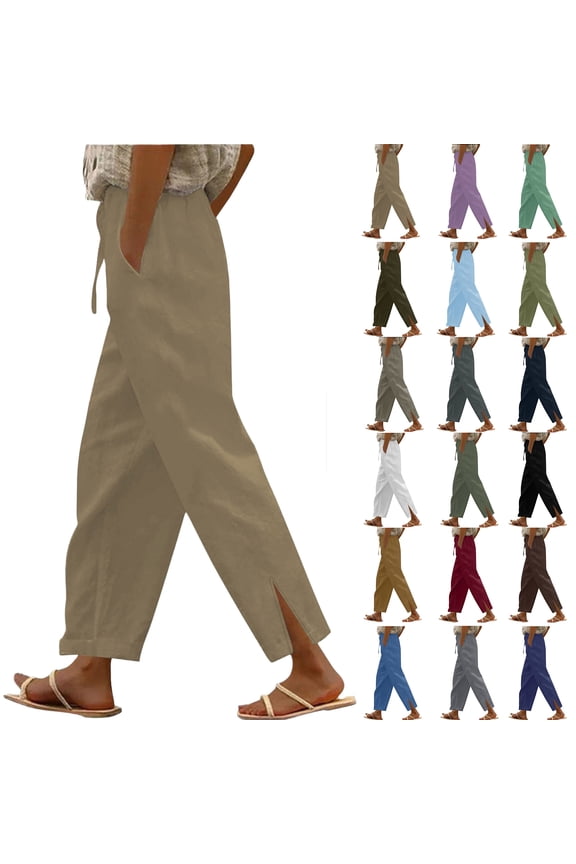 Pants for Women Wide Leg Linen Pant Casual Flowy Pants with Pocket Drawstring Loose