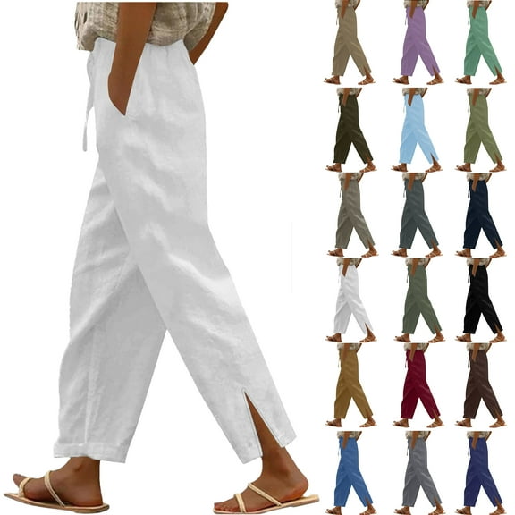 Pants for Women Wide Leg Linen Pant Casual Flowy Pants with Pocket Drawstring Loose