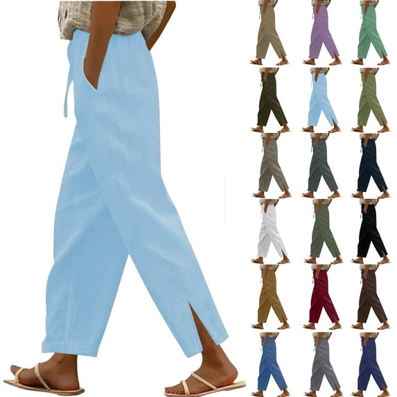 Pants for Women Wide Leg Linen Pant Casual Flowy Pants with Pocket Drawstring Loose