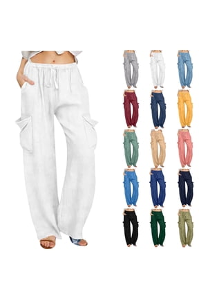 Pants for Women Wide Leg Linen Pant Casual Palazzo Summer Flowy Pants with Pocket Coffee Drawstring Loose Lounge Pants,White,S