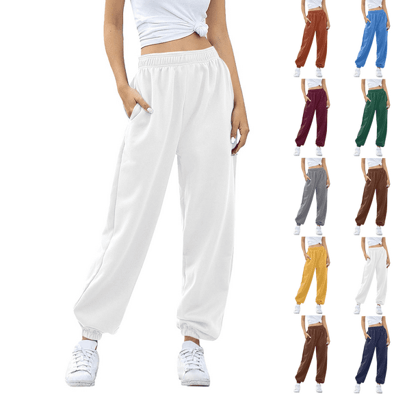 Pants for Women Wide Leg Sweatpants Casual Solid Color Stretch Waist Pocket Long Trousers Fall Clothing With Pockets 2025 White S-3XL