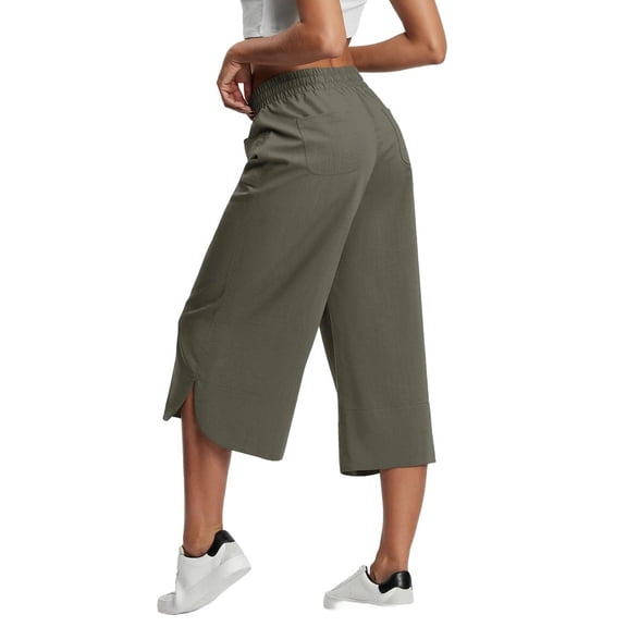 Pants for Women Wide Leg Yoga Casual Summer Cropped Trousers Drawstring Waist Lounge with Pockets Green S