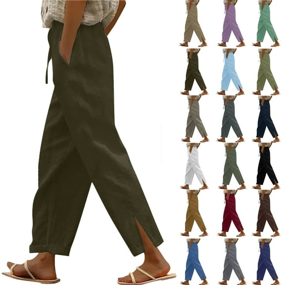Pants for Women Wide leg Linen Pants Casual Drawstring Elastic Waist Long Pants with Pockets