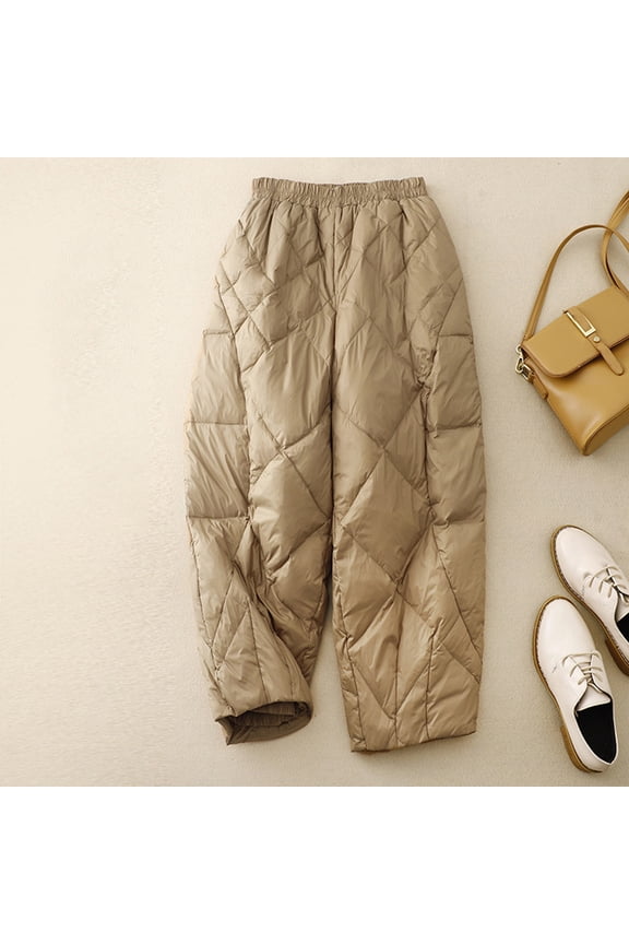 Pants for Women Windproof Warm Winter Warm Down Pants Thicker Padded Quilted Pants Wide Leg Trousers with Pockets,Womens Pants Khaki L