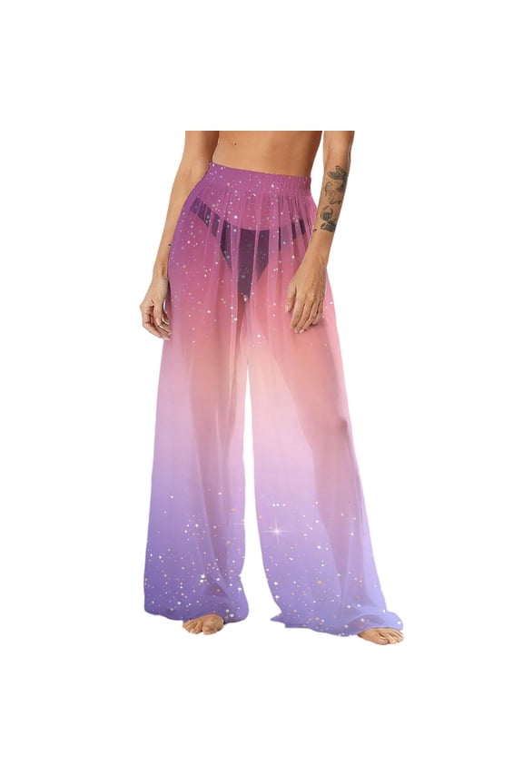 Pants for Women,Women See Through Sheer Mesh Pants Beach Swimsuit Bikini Bottom Cover up Party Club Elastic High Waist Wide Leg Pants