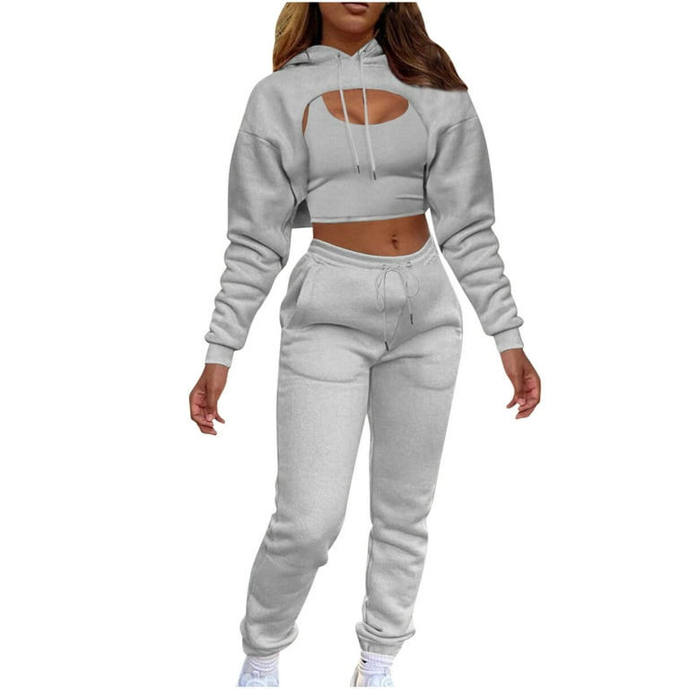Pants for Women Women s Sexy 3 Piece Tracksuits Long Sleeve Pullover Crop Top Hoodie Tank Top Drawstring Long Jogging Pants Sweatsuit
