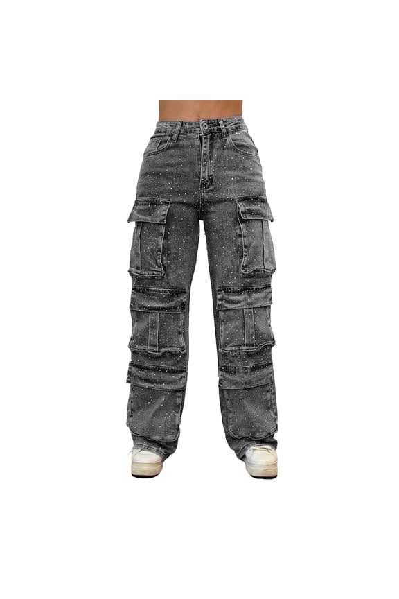 Pants for Women, Womens Rhinestone Cargo Jeans High Waisted Baggy Boyfriend Sparkly Bling Stretchy Denim Pants with Pockets