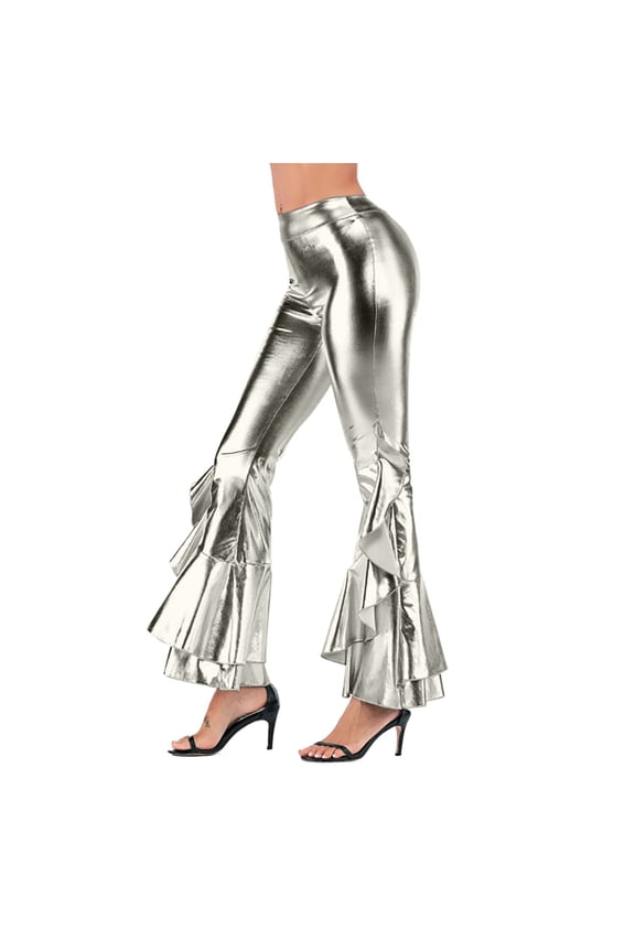 Pants for Women - Womens Shinny Metallic Sequins High Waist Stretchy Bell Bottom Flared Pants 70s Disco Wide Leg Pants Dance Yoga Trousers