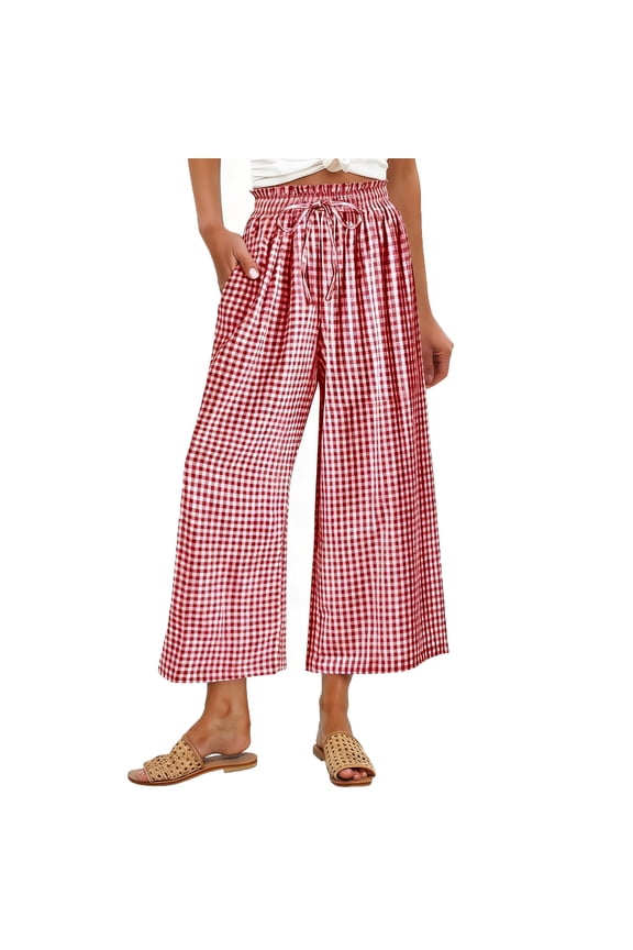 Pants for Women, Womens Striped Gingham Palazzo Capri Pants Pajama Wide Leg Lounge Trousers Plaid Cute Crop PJ Bottoms with Pockets