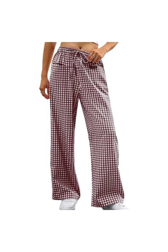 Pants for Women, Womens Striped Gingham Pants 2026 Pajama Drawstring Wide Leg Lounge Plaid Pants Cute Casual Trousers with Pockets