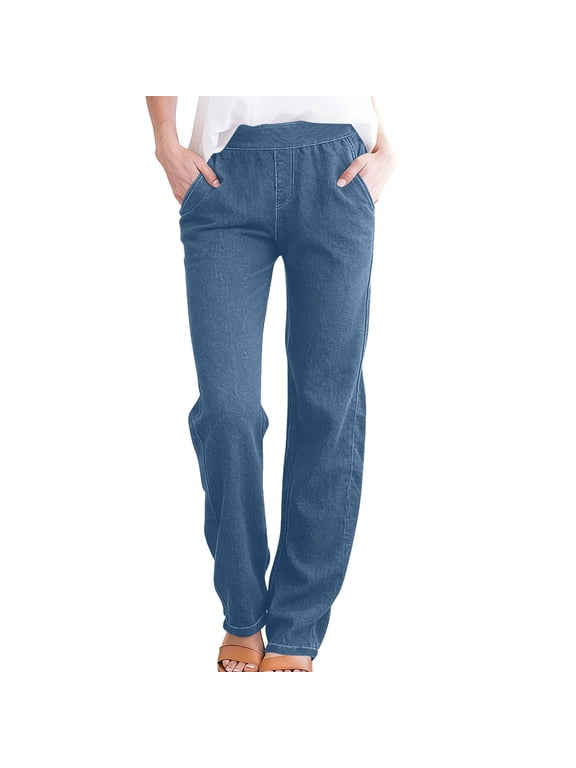 Pants for Women Work Casual,Womens Jeans Straight Leg Pull On Jeans for Women with Pockets High Waisted Elastic Baggy Stretchy Denim-Like Pants