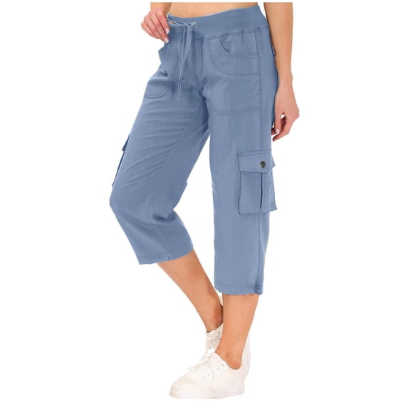 Pants for Women Work Drawstring Cropped Cargo Capris With Pockets for Outdoor Hiking Palazzo Wide Leg Pants