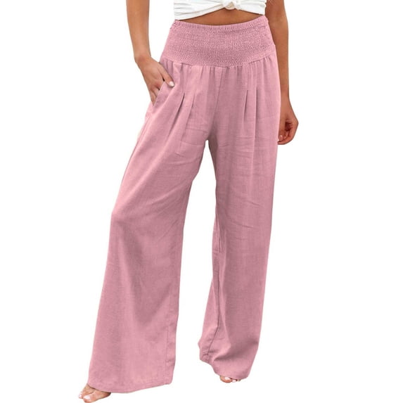 Pants for Women Work Smocked Elastic Waist Loose Comfy Pajama With Pockets Palazzo Wide Leg Pants