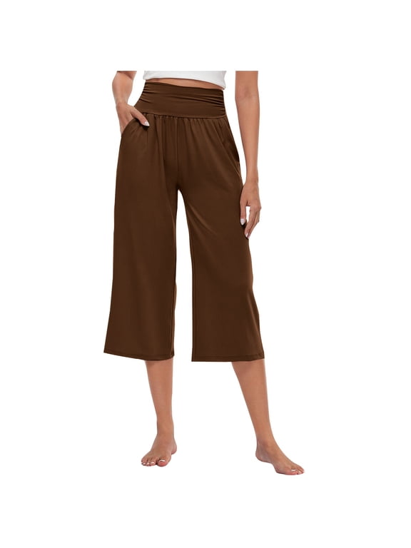 Pants for Women Work Stretch Knit Elastic Waist Slant Pocket Loose Running Yoga Casual Capri Palazzo Wide Leg Pants