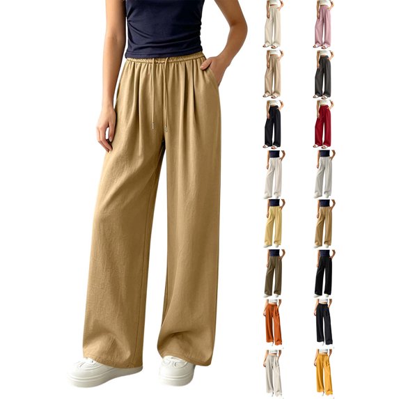 Pants for Women Zaewscy Women's Fashion Solid Color Elastic Waist Pocket Ruched Straight Leg Long Pants Khaki L