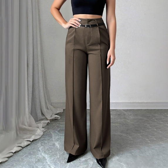 Pants for Women Zipper Pocket Long Straight-Leg Solid Casual Pants Trousers,Womens Pants Coffee L