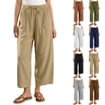 thumbnail image 1 of Pants for Women with Pockets 100% Cotton Decorative Button Drawstring Cropped Pants, 1 of 7